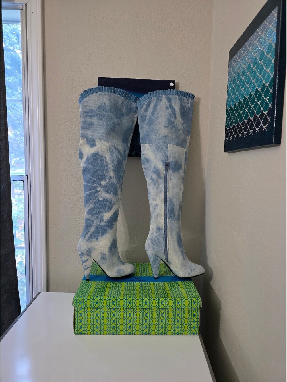 Hot In Hollywood Blue White Tie Dye Over The Knee Ruffle Top Boots Size 7M
